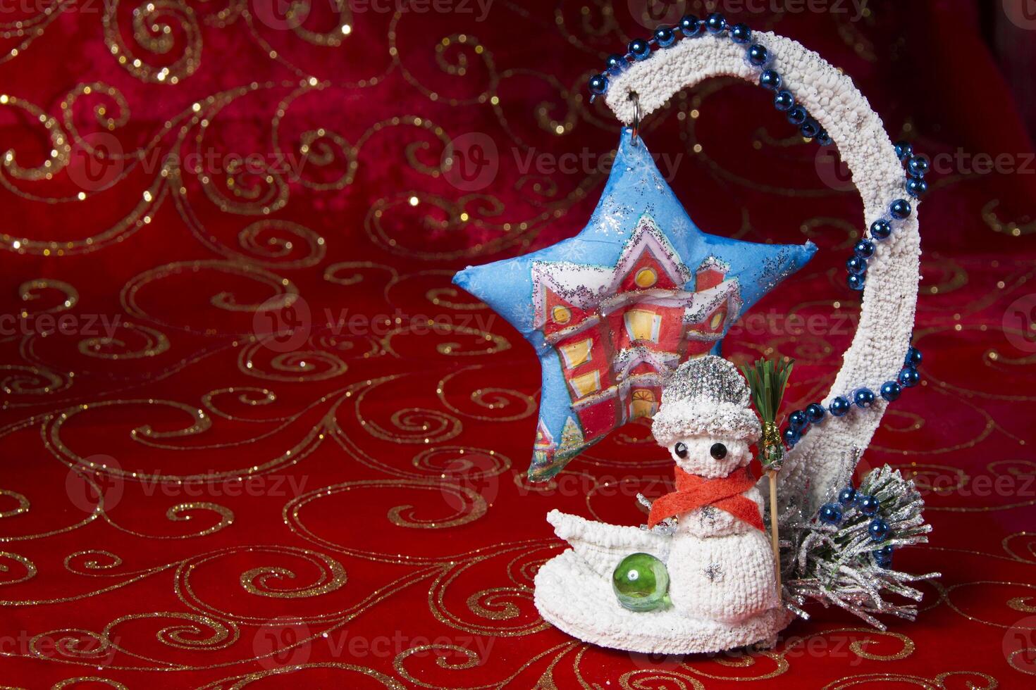 New Year card. Snowman toy with a whisk. New Year's toys. Decoration for the holiday. Souvenirs for the new year. photo