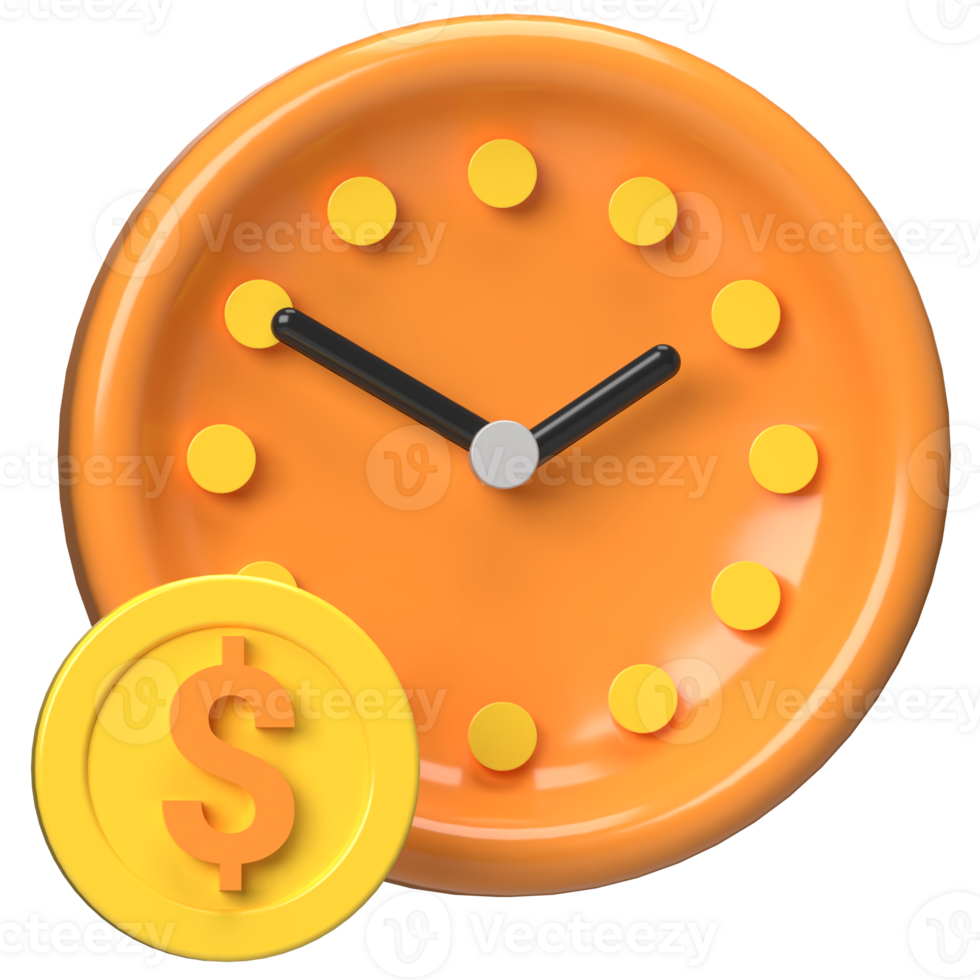 3D Clock with Dollar Coin in Yellow and Orange, Financial Time Concept png