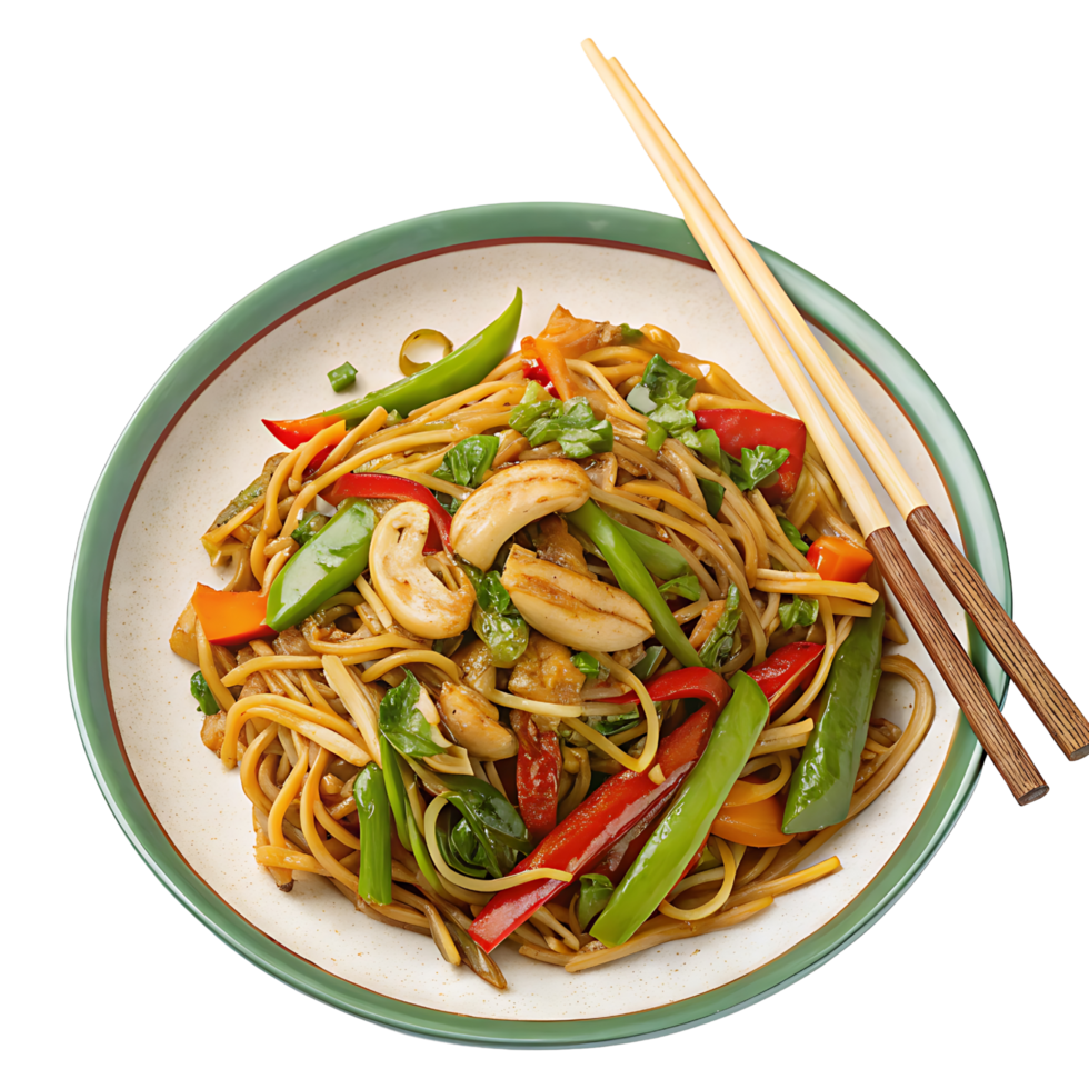 Flavorful Stir Fried Noodles with Fresh Vegetables and Chicken png