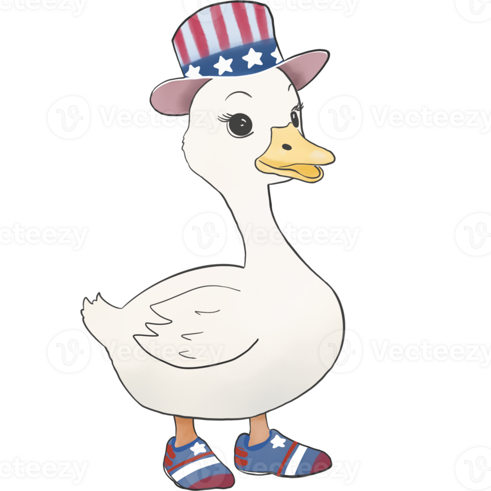 A cute digital illustration of a white goose wearing an American flag-themed top hat and matching shoes. png