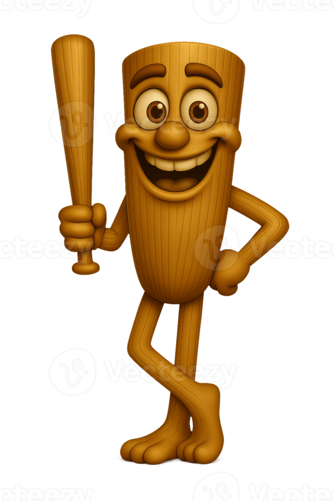Friendly wooden mascot illustration with big eyes and a wide grin, posing with a baseball bat png