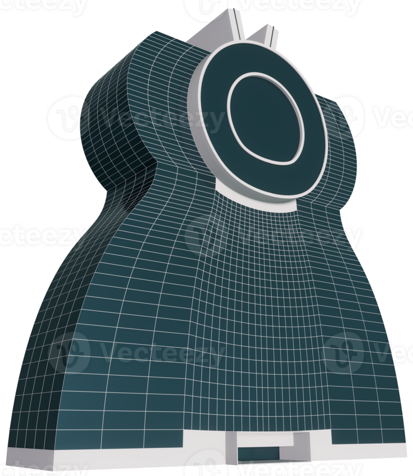 A 3d model of a building with a clock on top png