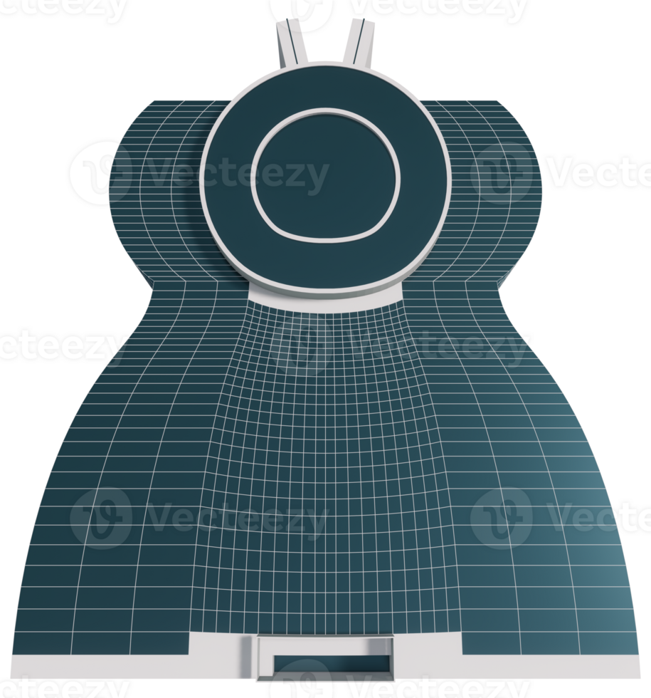 A blue and white skyscraper with a round object png