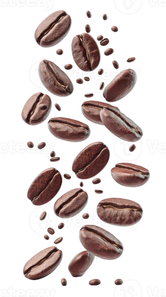 Roasted coffee beans and fragments are falling creating a dynamic composition against a clean white background. png