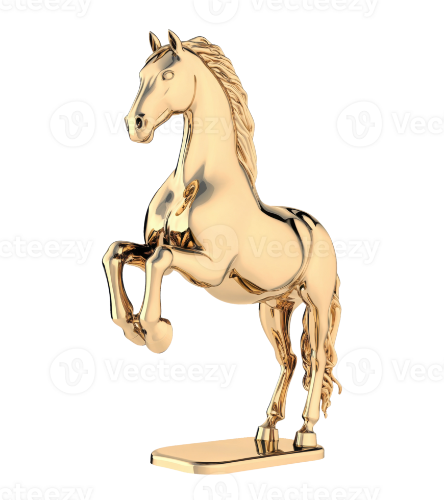 Golden horse statuette prancing with front legs raised, symbolizing victory and achievement, exuding elegance and power against a pristine white background png