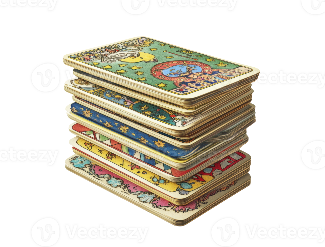 Stacking tarot cards with gilded edges, displaying various intricate illustrations, evokes themes of divination and esotericism, inviting exploration into the realms of magic and spirituality png