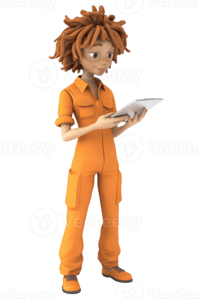 Illustration of a young worker with red hair, wearing an orange overall and standing on a white background, using a tablet for digital communication png