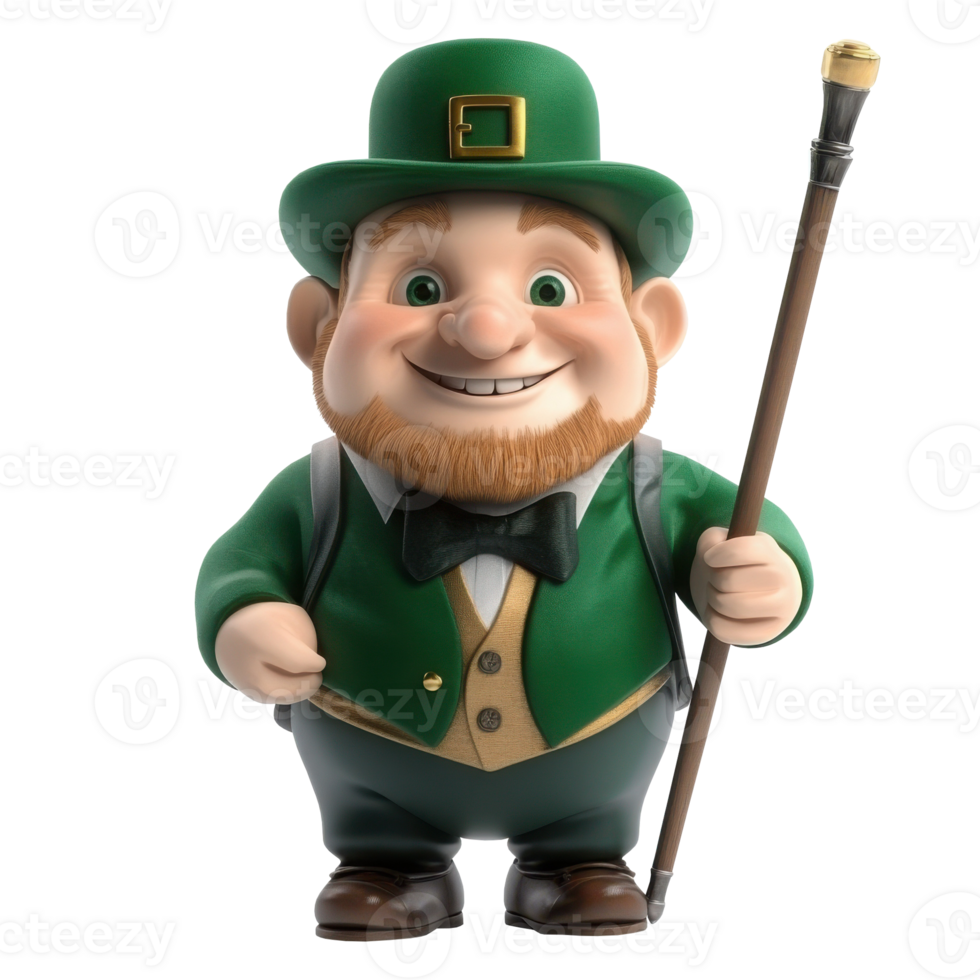 Illustration of a cheerful leprechaun wearing a green suit and hat, holding a walking stick, celebrating St. Patrick's Day with a joyful expression png