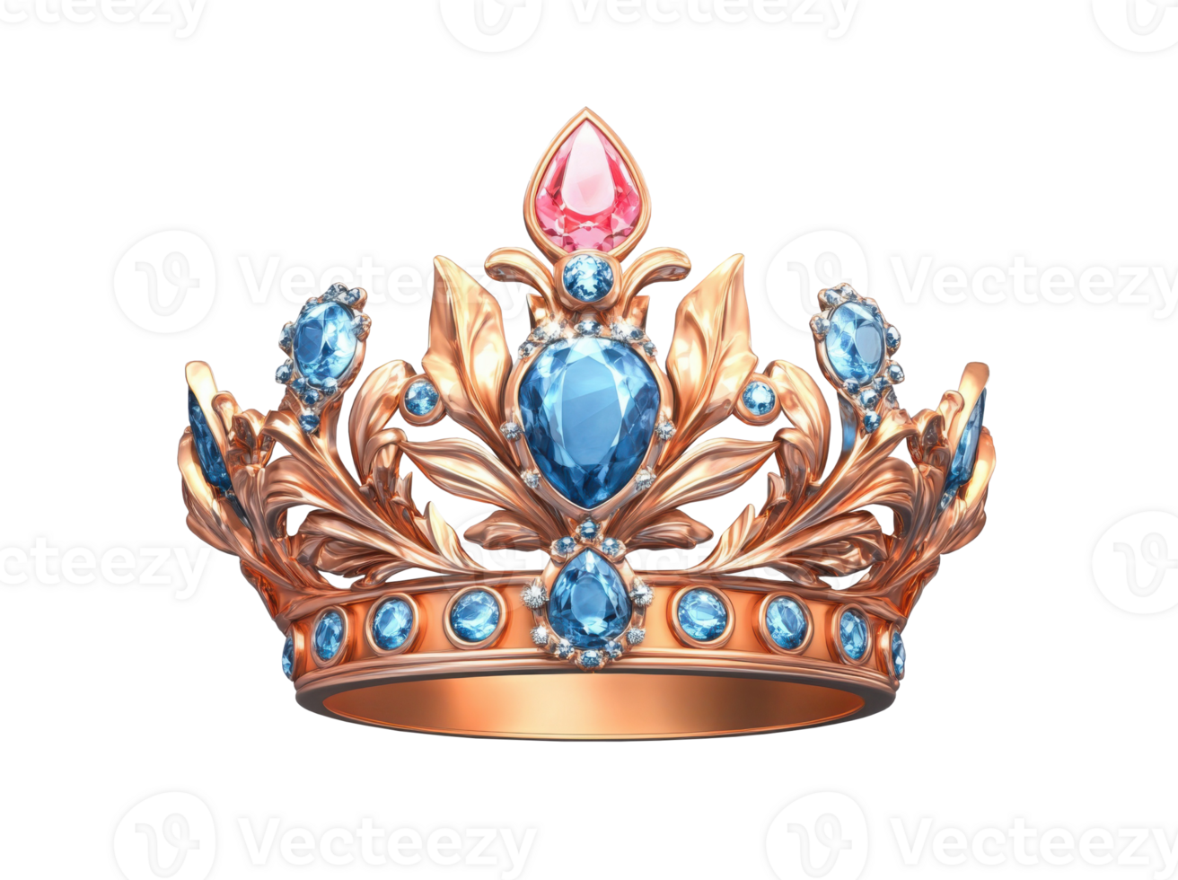 Luxurious golden crown adorned with sparkling blue and pink gemstones, radiating elegance and regal splendor against a pristine white backdrop, symbolizing royalty, power, and prestige png