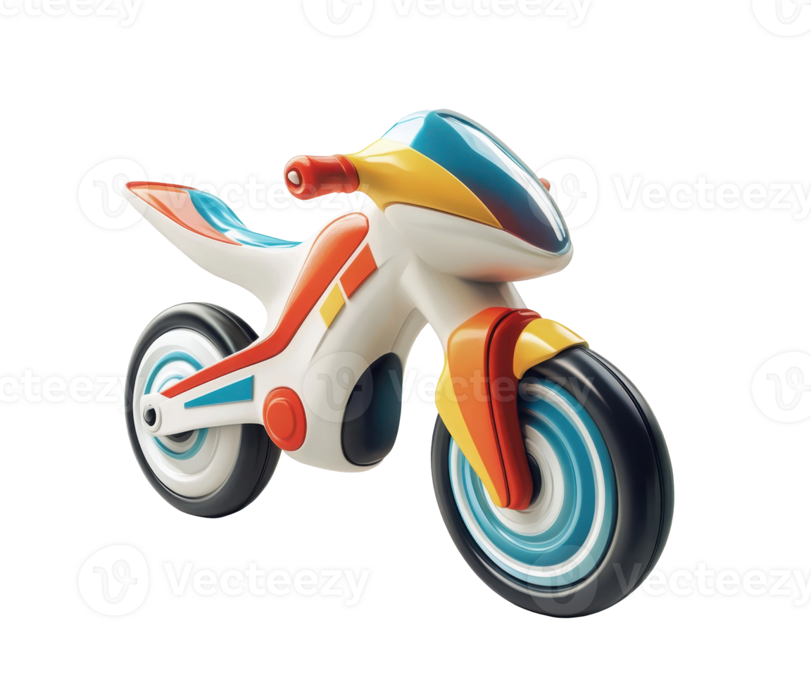 Modern plastic toy motorcycle with vibrant colors standing on a white background, representing childhood, play, and futuristic vehicle concepts png
