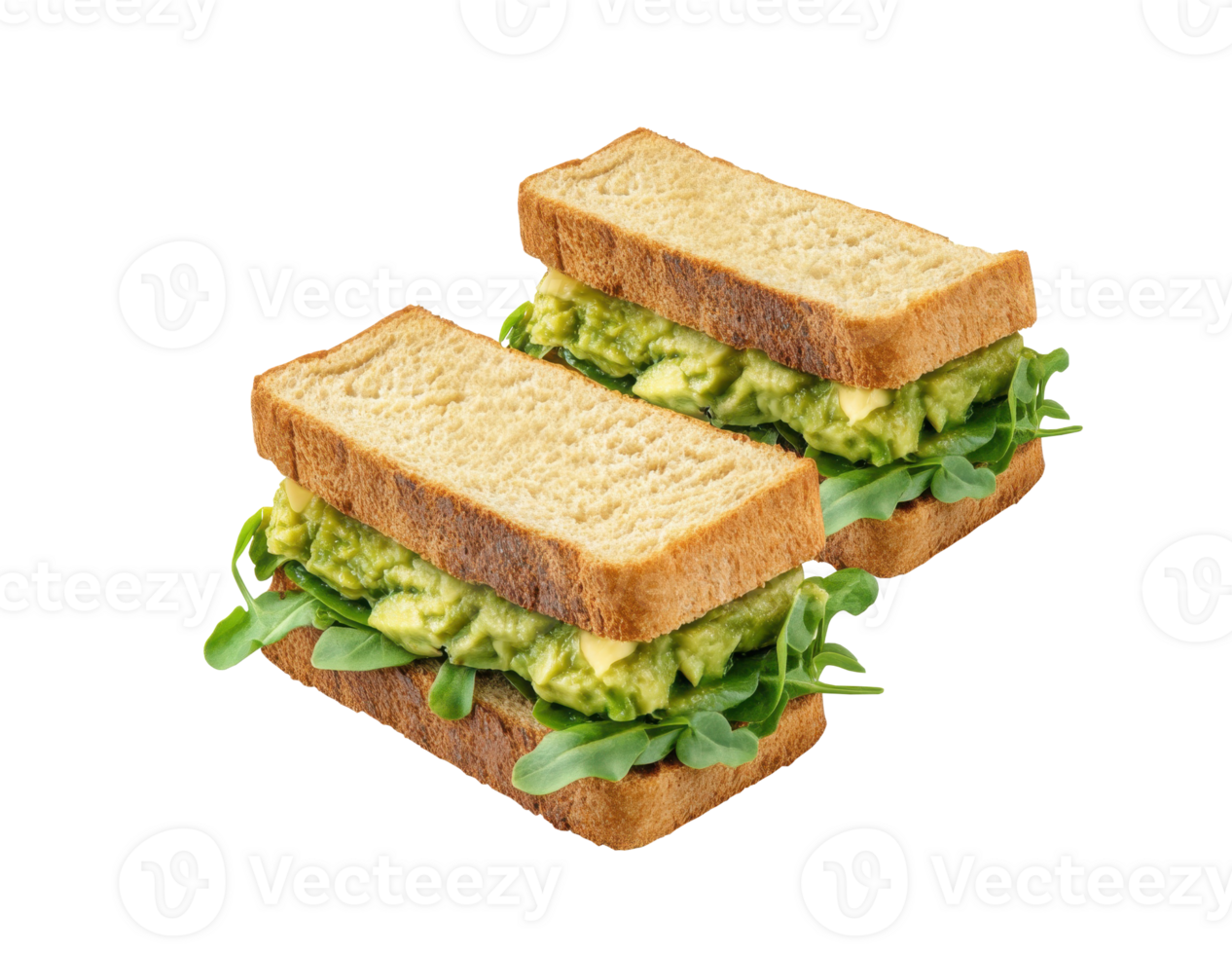 Two delicious sandwiches with guacamole and arugula on a transparent background png