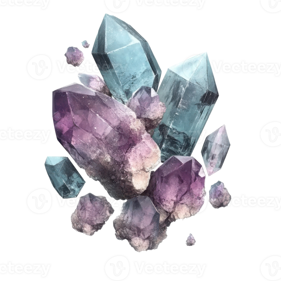 Floating crystals in stunning shades of teal and purple against a pristine white background, creating a mystical and ethereal atmosphere filled with vibrant energy png