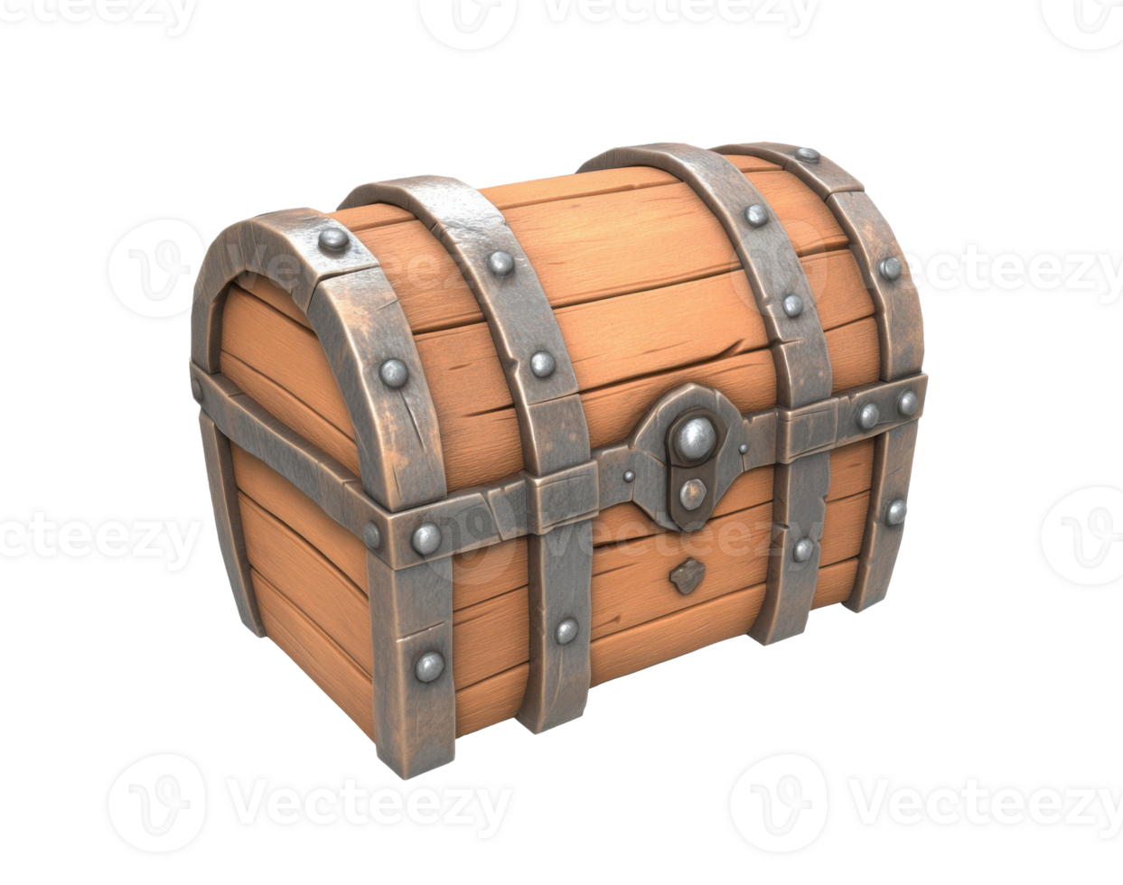 Closed wooden treasure chest with metal reinforcements and rivets, heart shaped keyhole, isolated on white background, savings, wealth, and valuable possessions png
