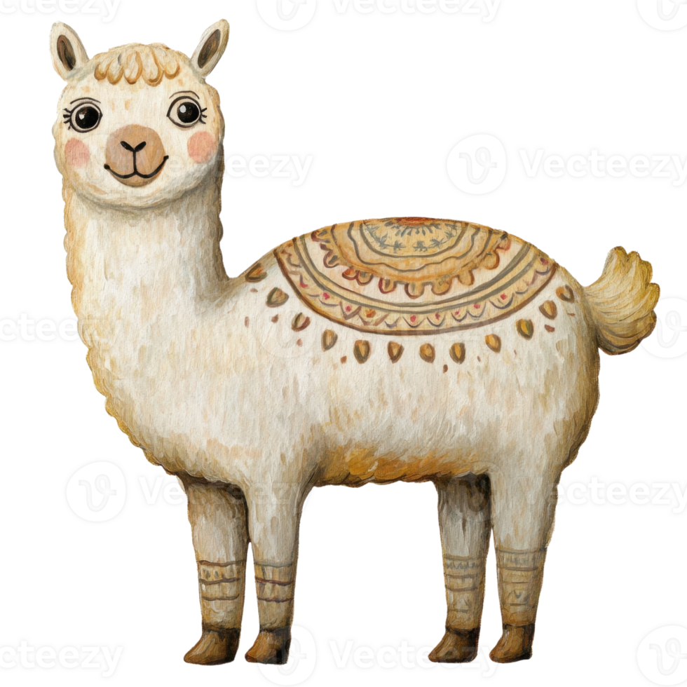 Watercolor painting of a llama wearing a colorful traditional Andean blanket, showcasing South American textile art and the cultural significance of llamas in the Andes region png