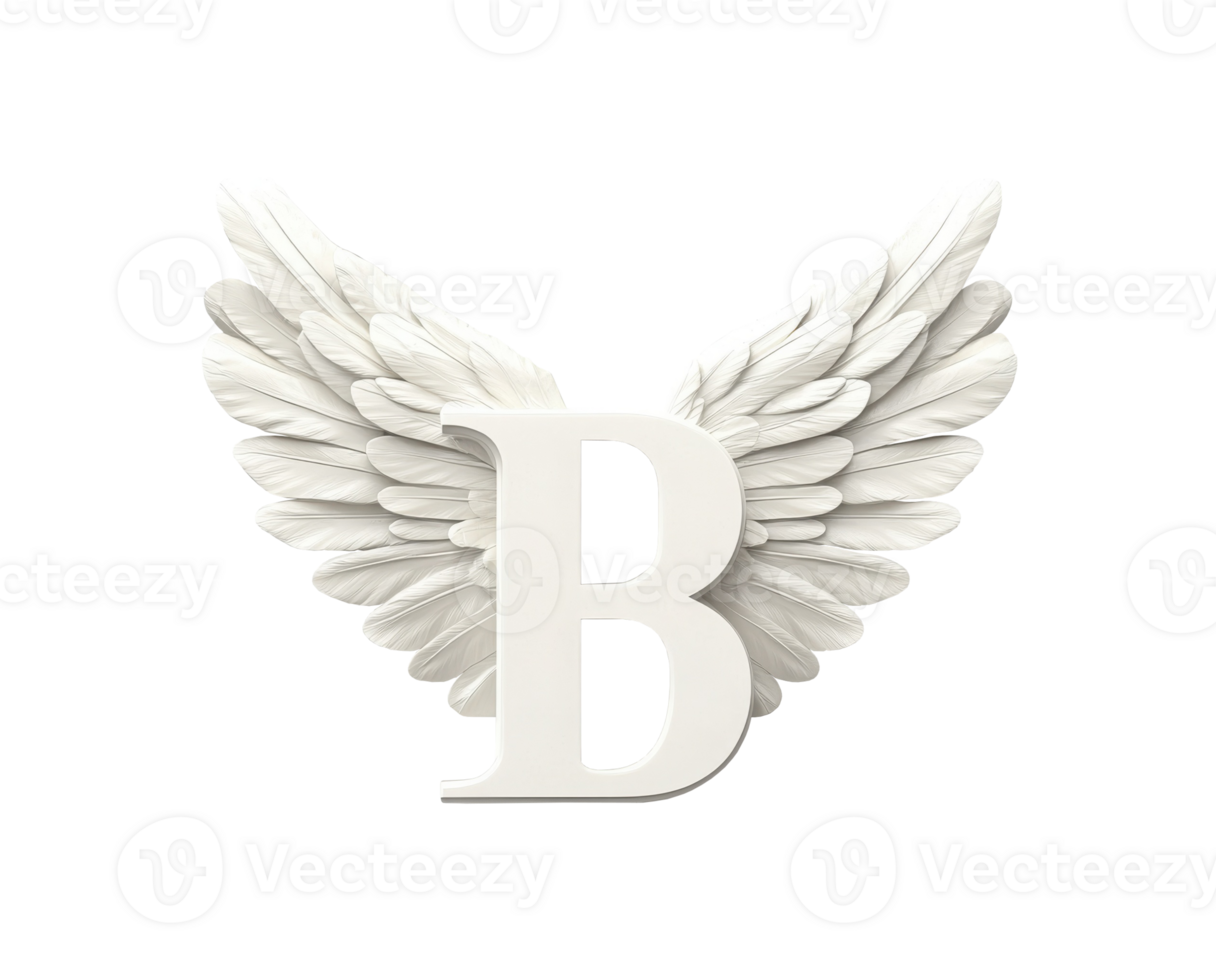 Large white letter B with white feathered angel wings attached, providing a clean and elegant design suitable for various projects related to spirituality, purity, and freedom png