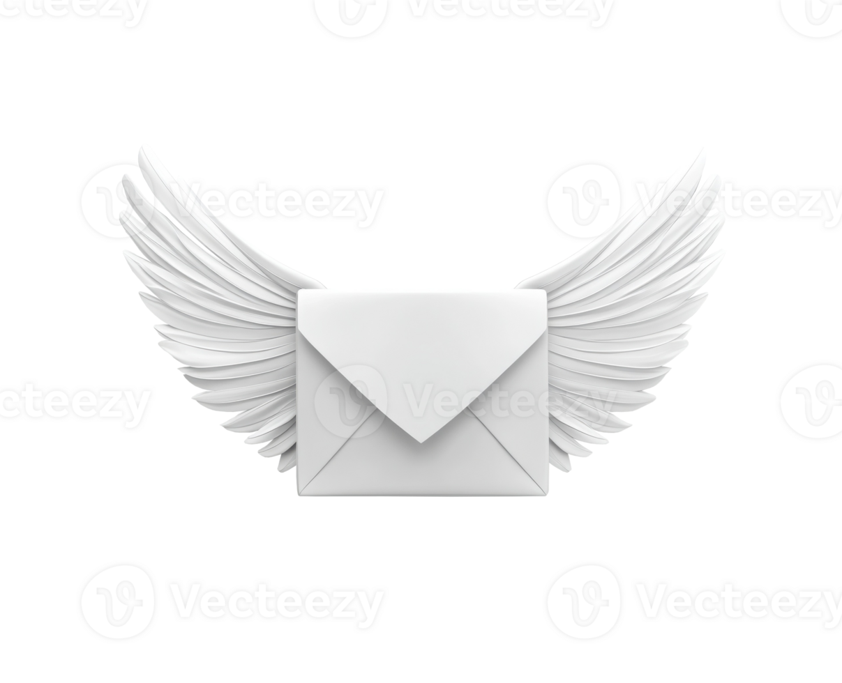 White closed envelope with white wings flying. Representing fast delivery, express mail, urgent message, newsletter and communication png