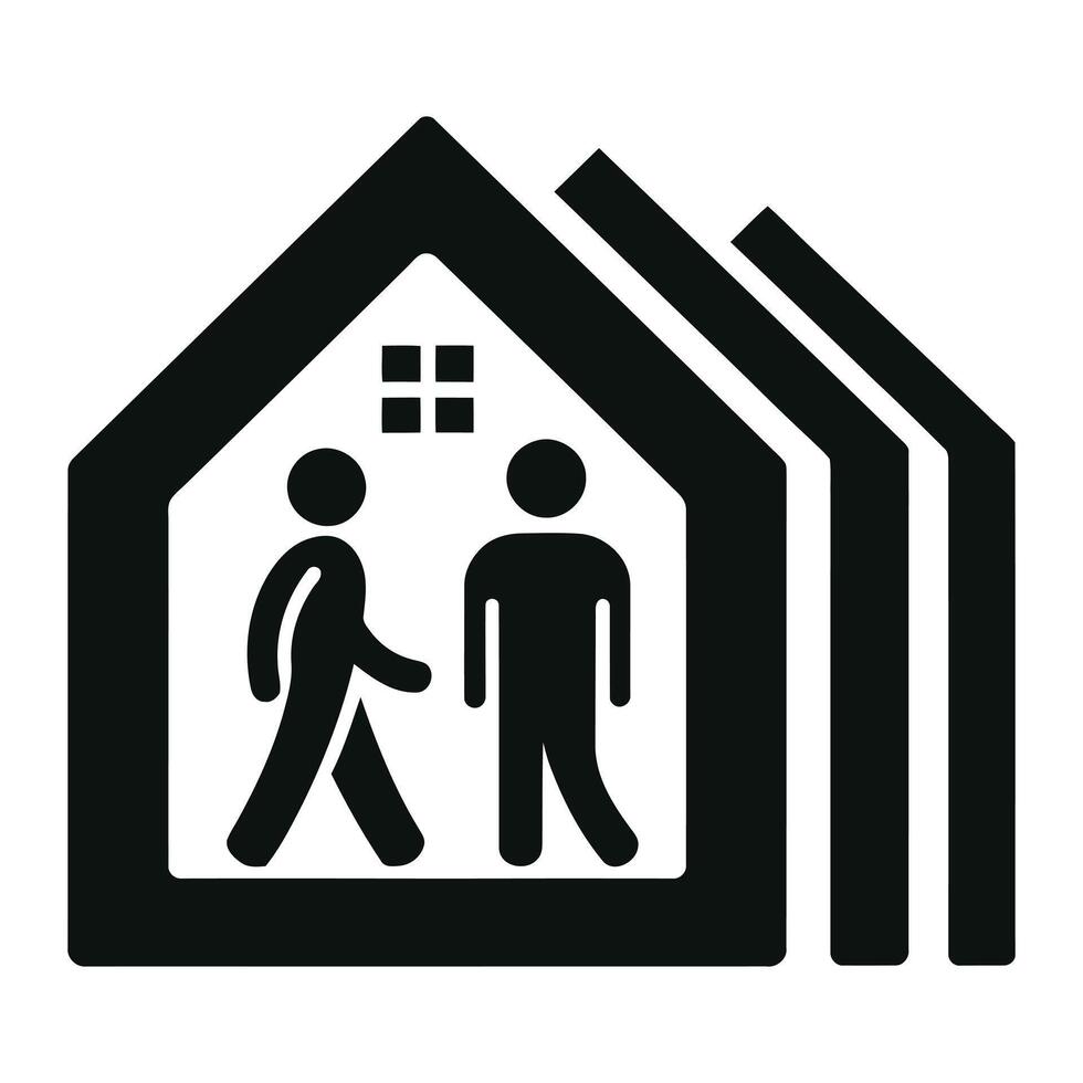 A black and white image of two people walking in front of a house vector