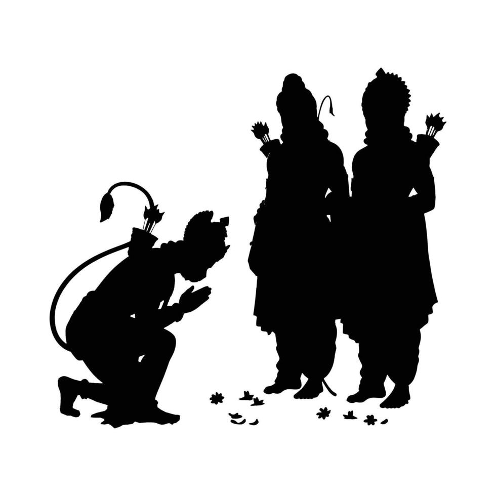 Silhouette illustration of hanuman bowing to rama and lakshmana indian mythology hinduism art graphic design vector
