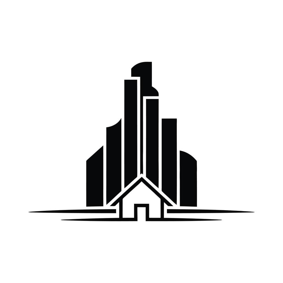 A black and white logo of a house and skyscrapers vector
