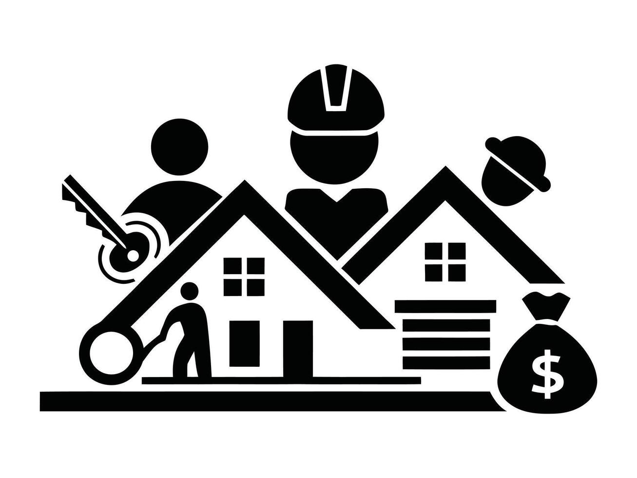 A black and white image of a house with people and money vector