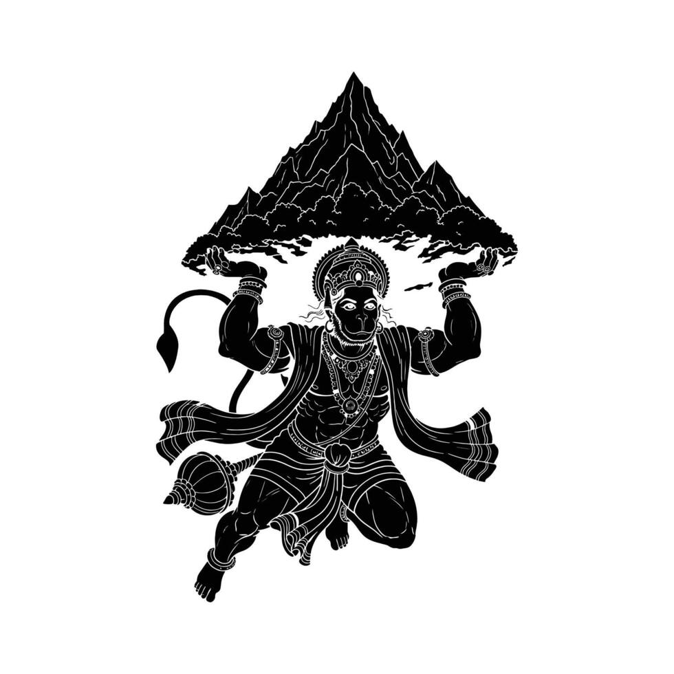 Hanuman carrying mountain illustration hindu god deity mythology india strength power black white graphic art silhouette vector