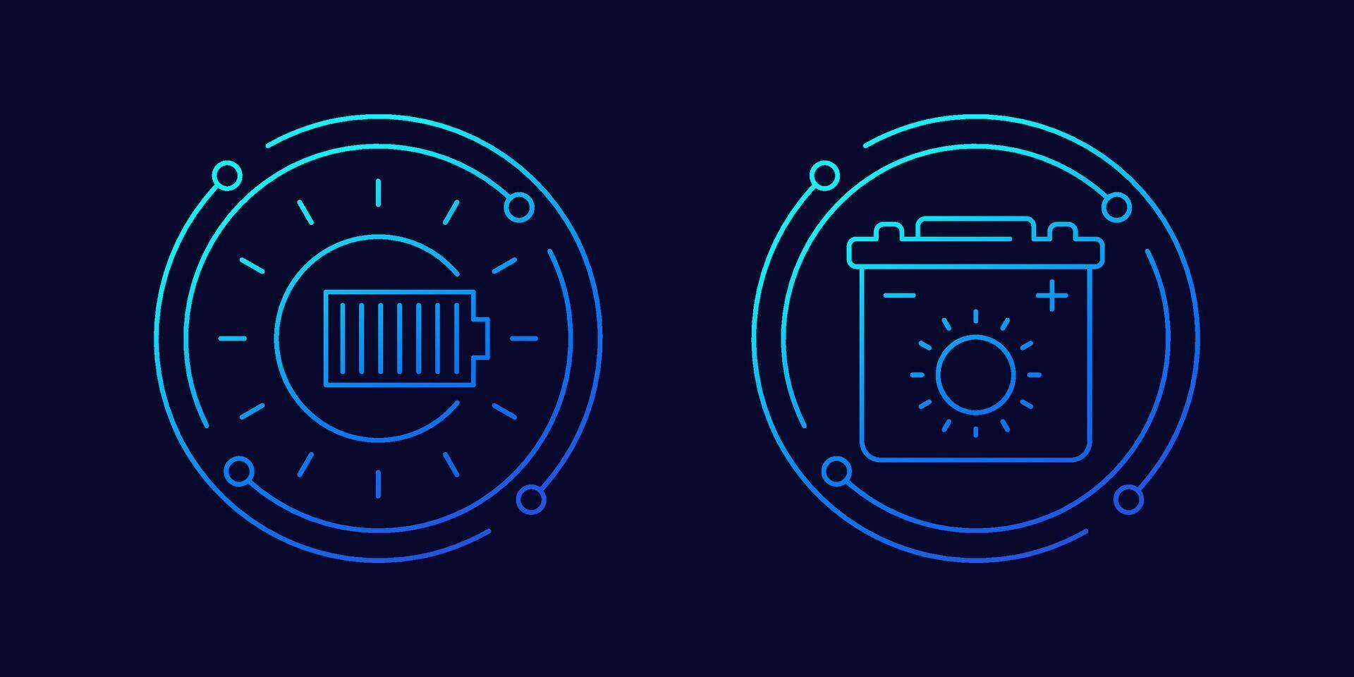solar energy icons with battery and sun, linear design vector