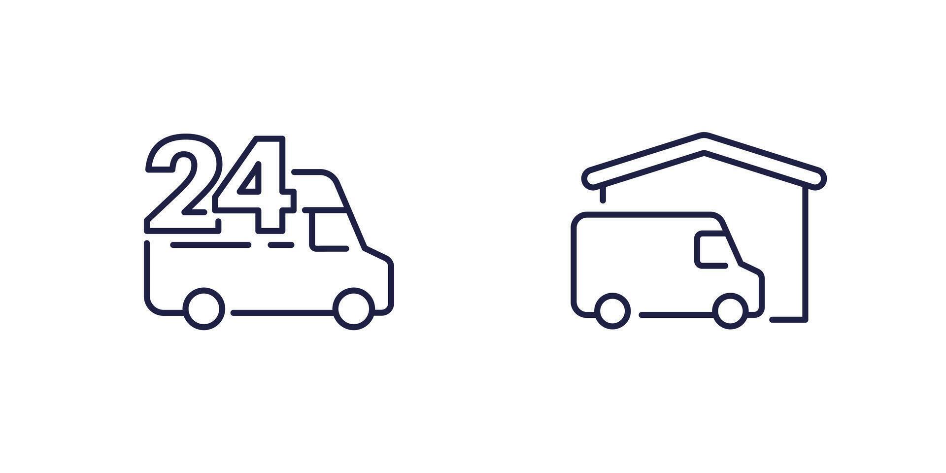 24 hours delivery icons with vans, line vector