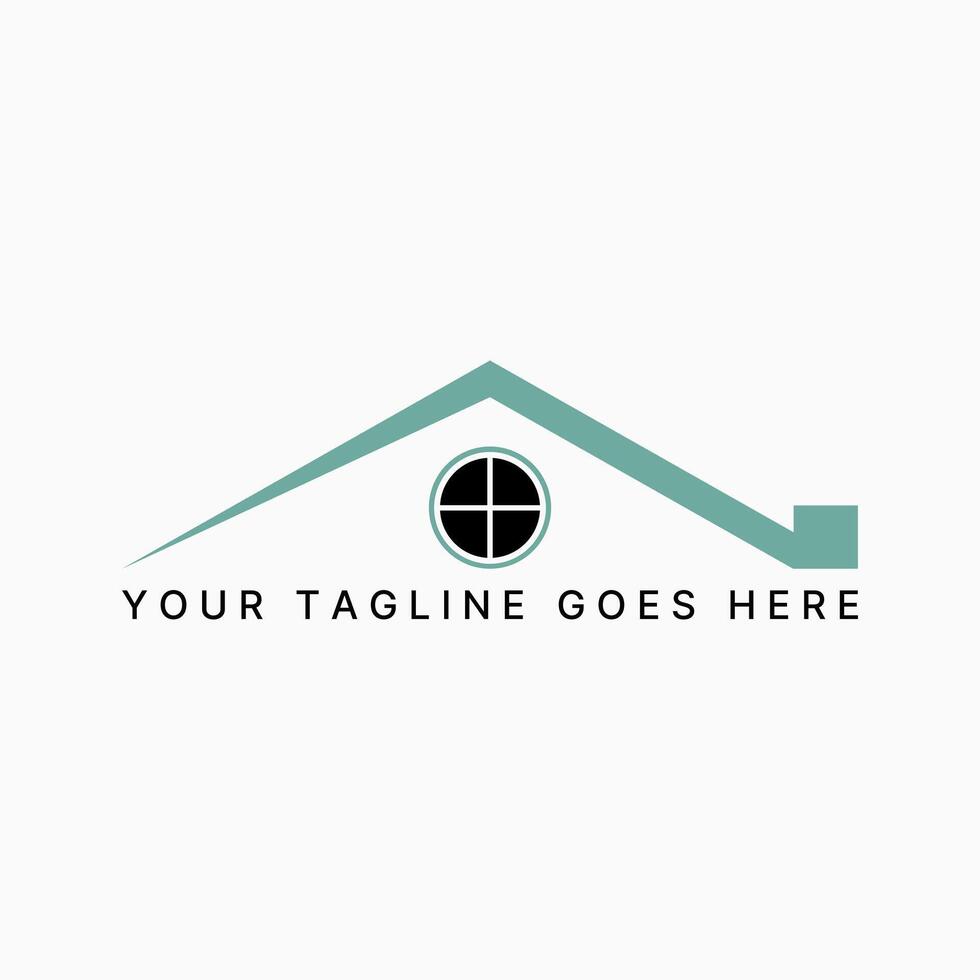 simple line roof house front with circle window landscape top outdoor chimney vector