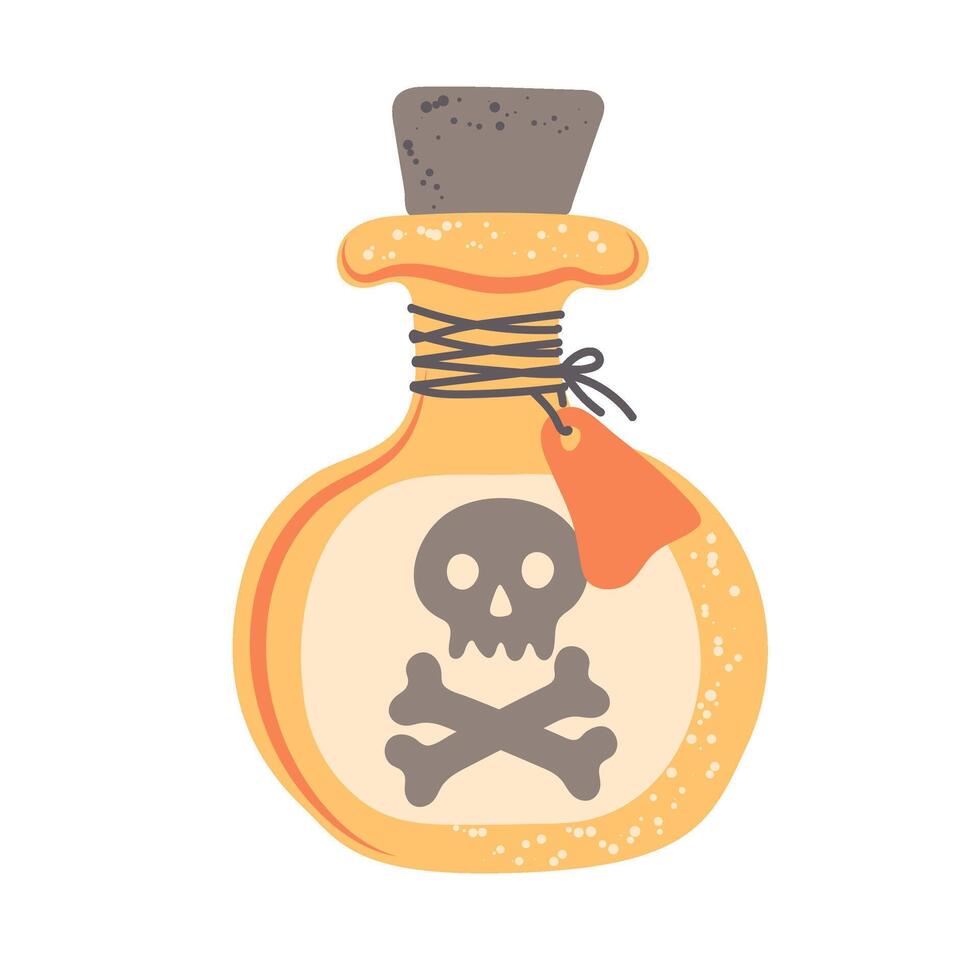 Hand drawn poison bottle with skull and bones. Magical liquid potion. Element for Halloween decorative design. vector