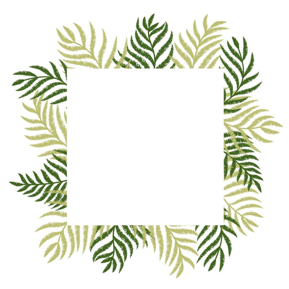 Square botany frame with ink drawn tropical leaves.Textured nature design element for invitations or greeting cards vector