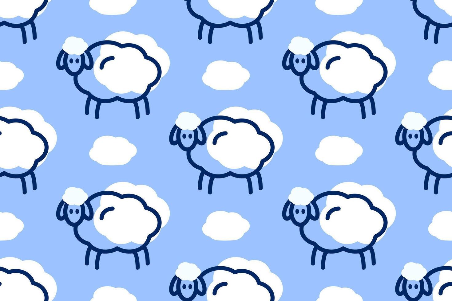 Seamless pattern with cute lamb, sheep and fluffy clouds for fabrics, baby textiles, clothing, wallpaper, packaging. linear illustration of a lamb on a blue background vector