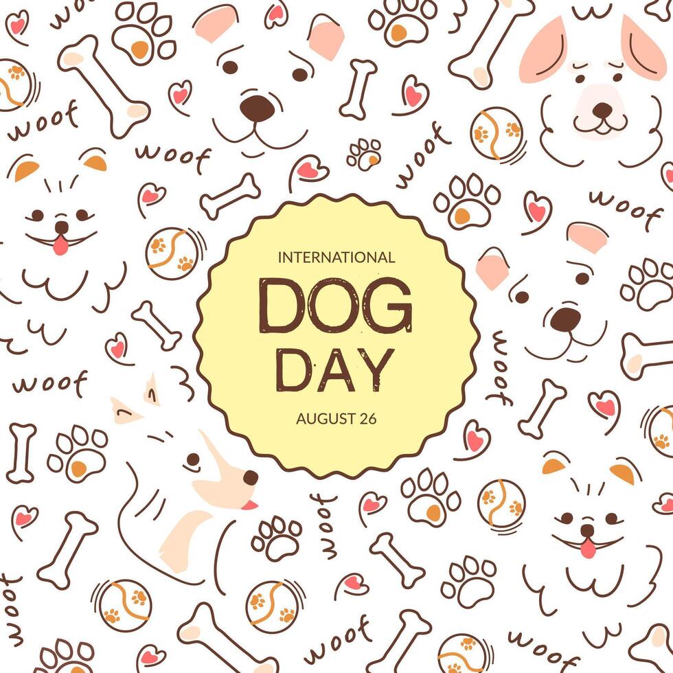 Poster template with dog silhouettes, bones, and animal toys, with a frame and space for text. Square design with cute dog silhouettes for International Dog Day. Graphic design for greeting cards. vector