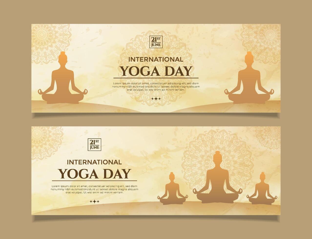 Set International Yoga Day Celebration Banner Featuring Silhouettes of Meditating Figures vector