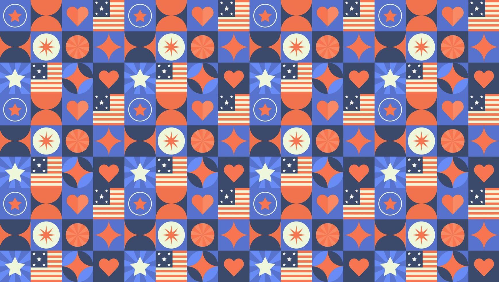 Geometric Patriotic Pattern With American Flags, Hearts, and Stars vector