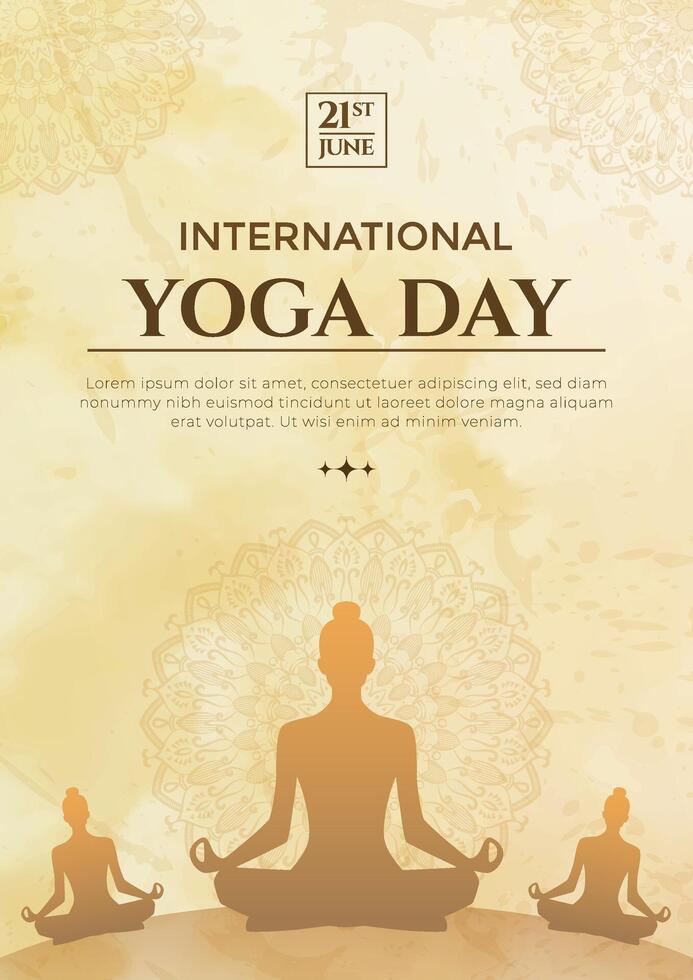 Poster International Yoga Day Illustration with Meditating Silhouettes and Mandala Design vector