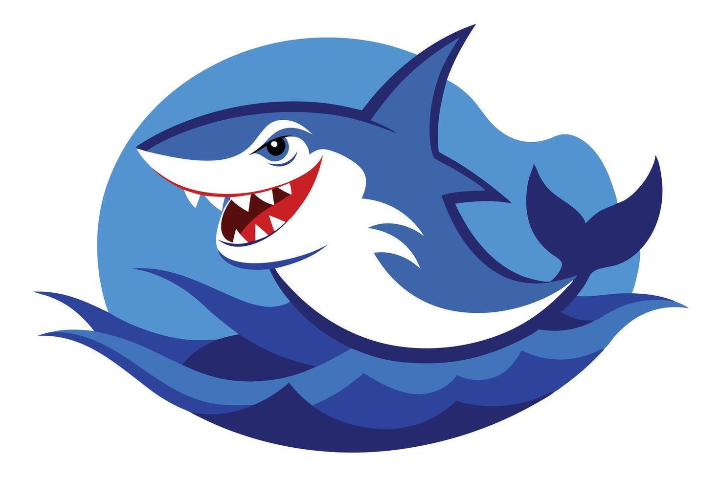 Cartoon Shark Swimming in Ocean Waves with Red Mouth and Sharp Teeth vector