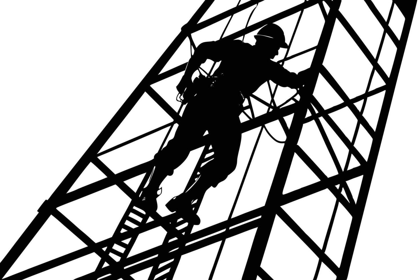 Silhouette of Construction Worker Climbing Lattice Structure Against White Background in Black and White vector