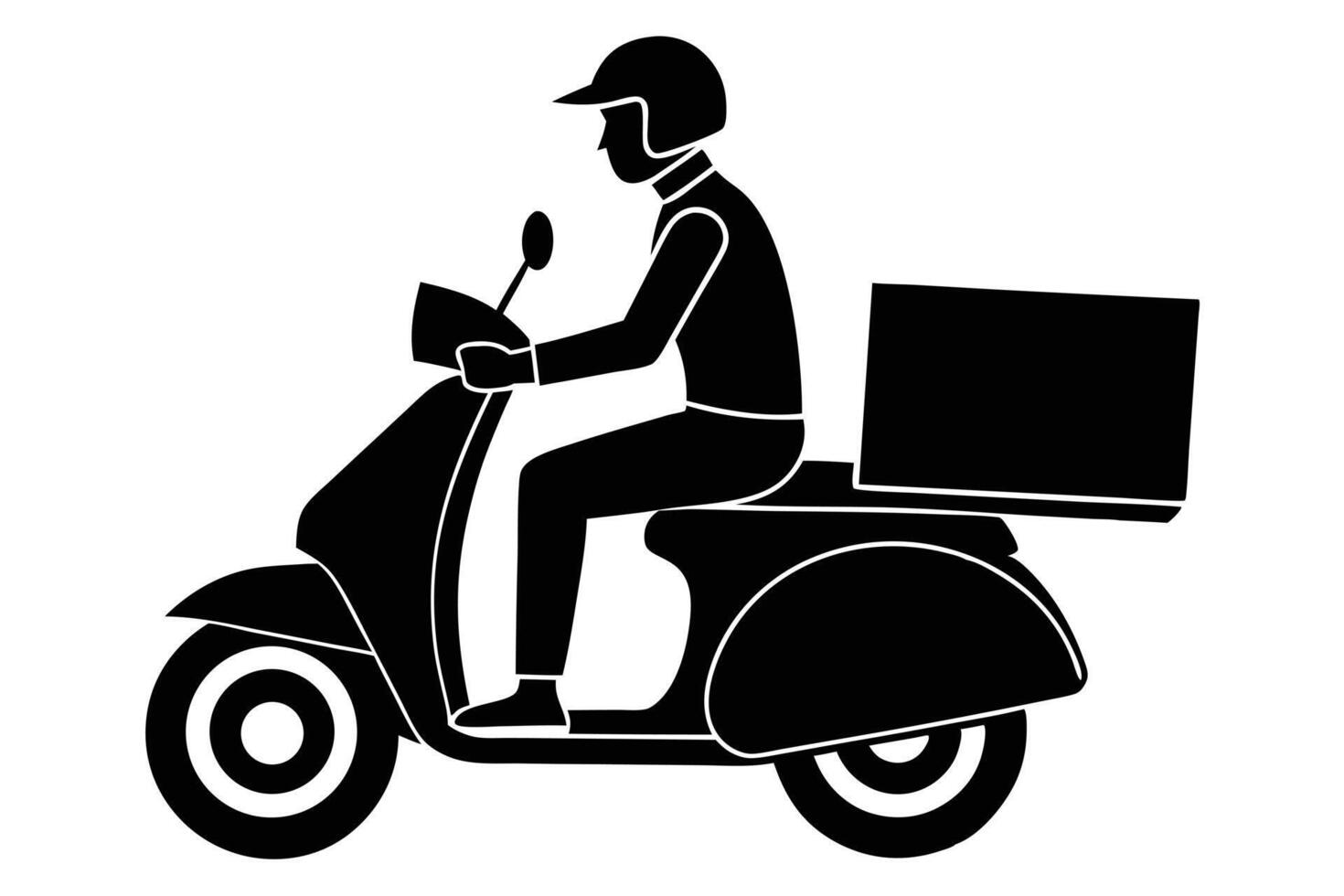 Black Silhouette Delivery Person Riding a Scooter With Delivery Box Attached Behind Seat vector