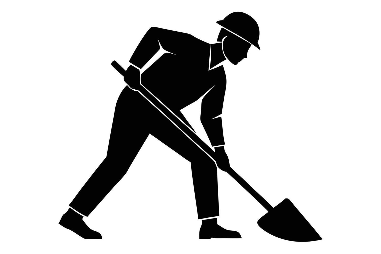 Silhouette of Construction Worker Digging with Shovel, Wearing Hard Hat and Long Sleeves vector