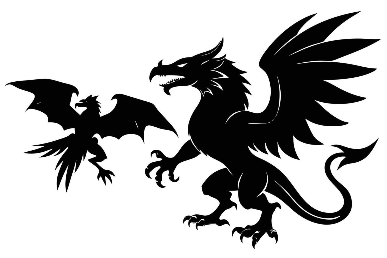 Dramatic Black Silhouettes Winged Dragon and Griffin on White Background Design vector