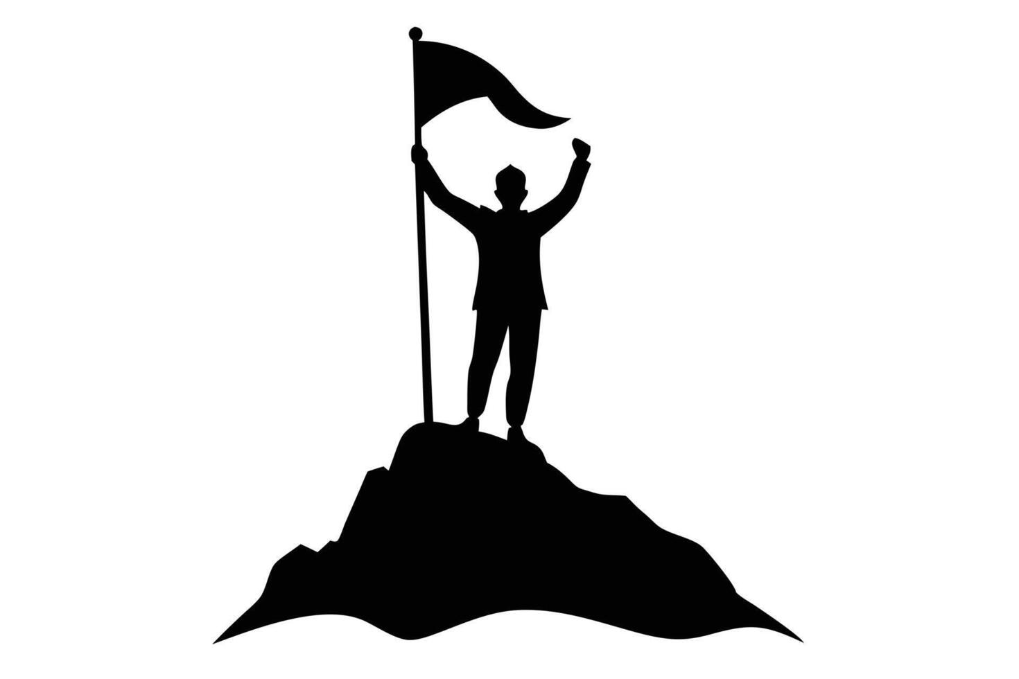 Silhouette of Man Standing on Mountain Peak Holding Flag in Triumph Victory vector