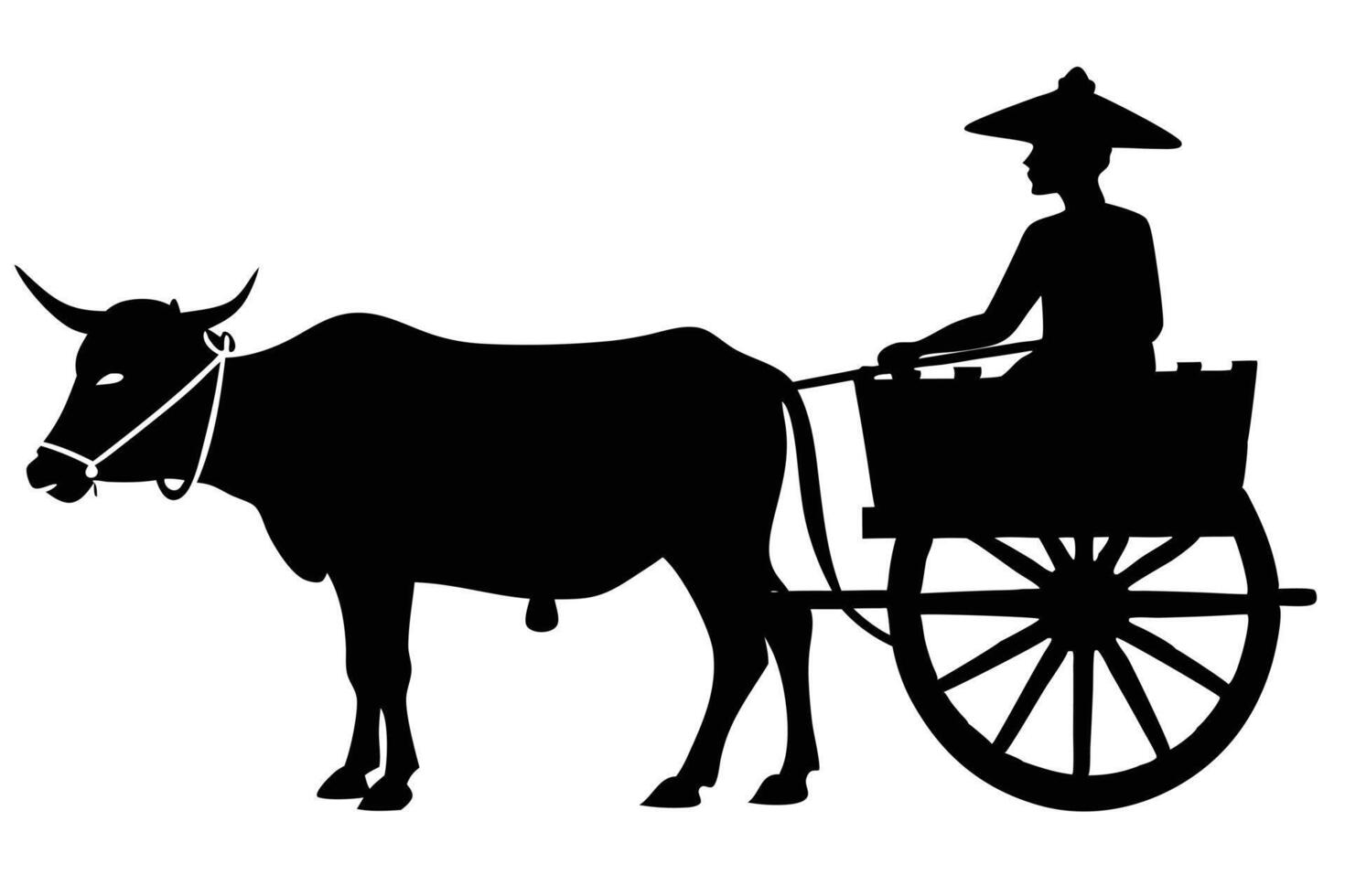 Ox Cart Silhouette Traditional Farming Featuring Farmer with Conical Hat and Cattle vector