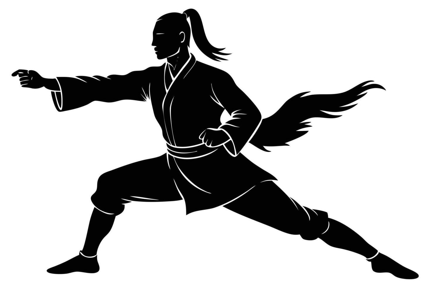 Striking Silhouette Man in Kimono Practicing Martial Arts Stance with Ponytail vector