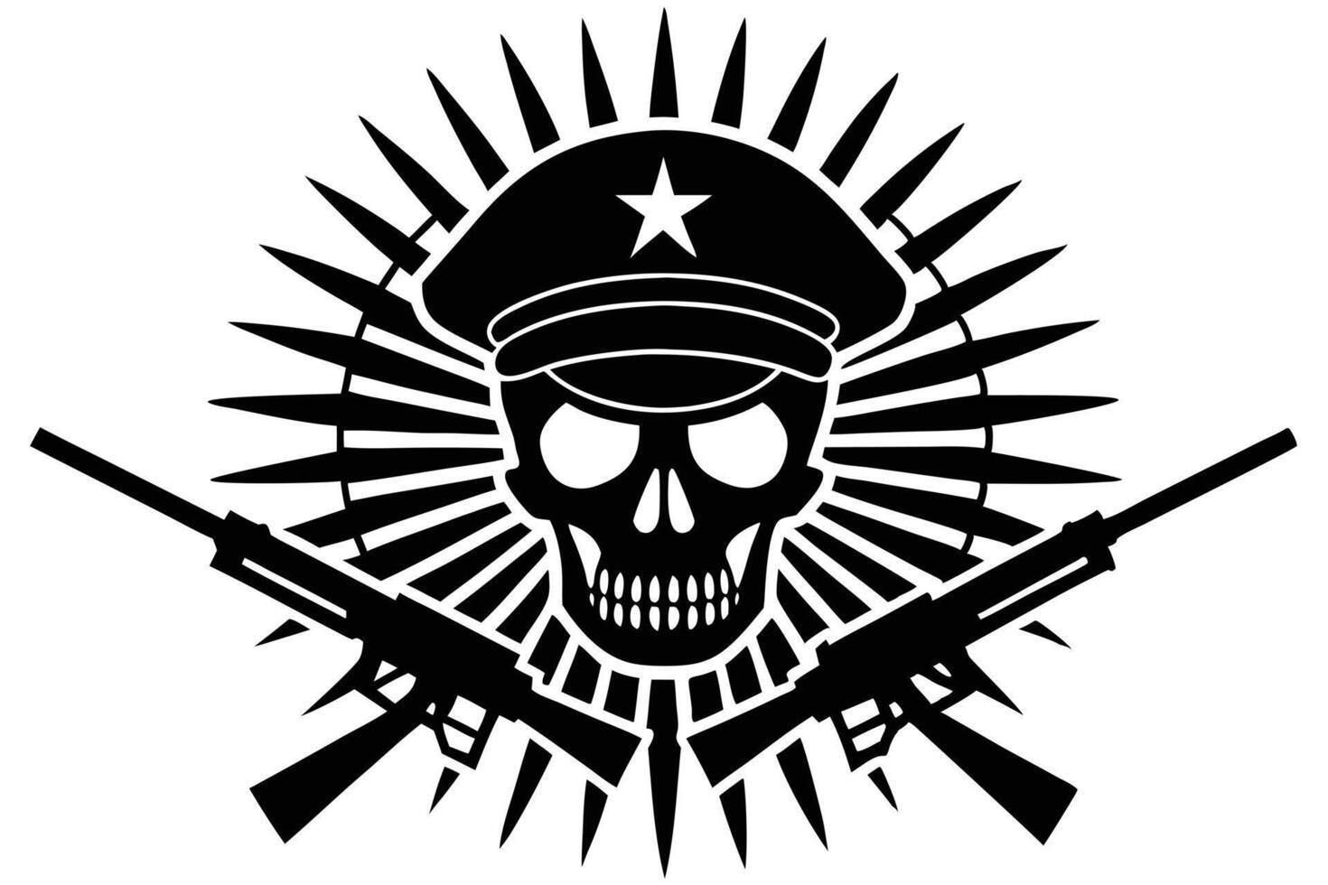 Black and White Skull with Military Cap and Assault Rifles Illustration vector