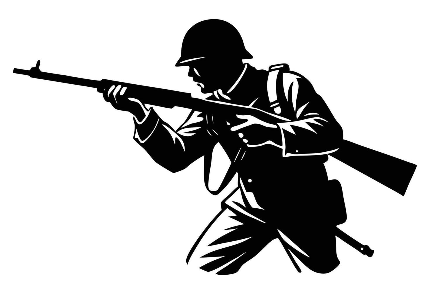 Silhouette of a Soldier Aiming Rifle, Wearing Helmet, Kneeling in a Fighting Position vector