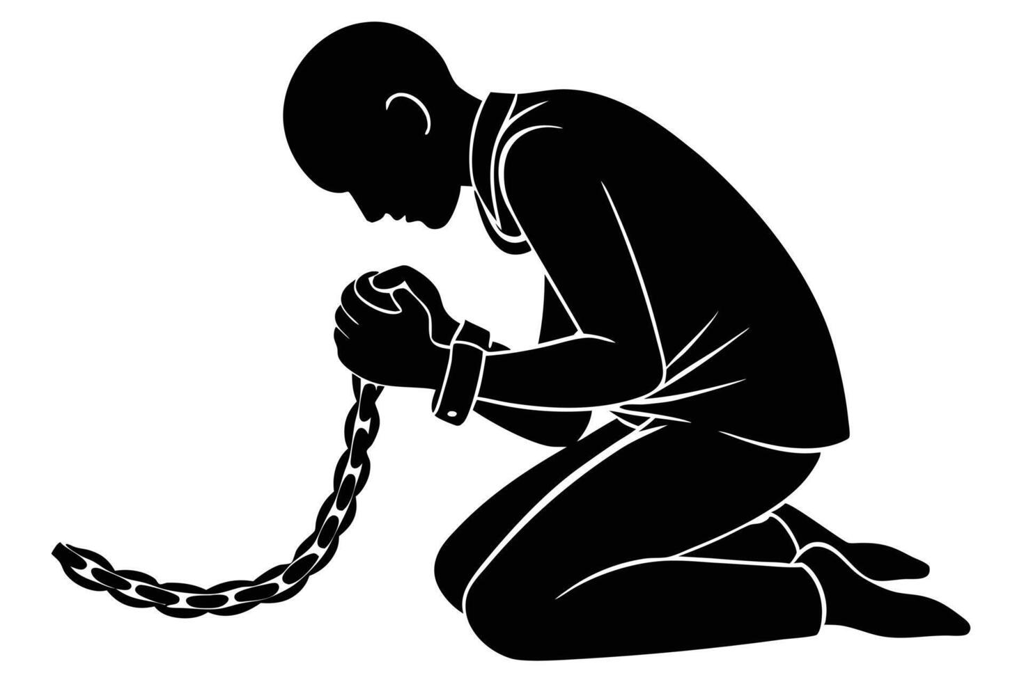 Bound Silhouette Man Kneeling with Cuffed Hands Attached to Heavy Chain vector