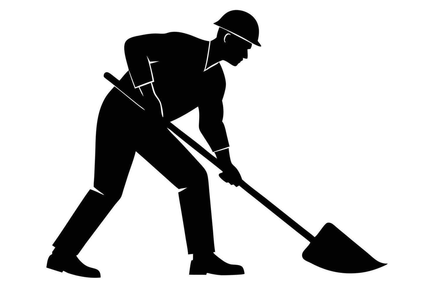 Silhouette of Construction Worker Digging with Shovel, Wearing Hard Hat and Work Clothes vector