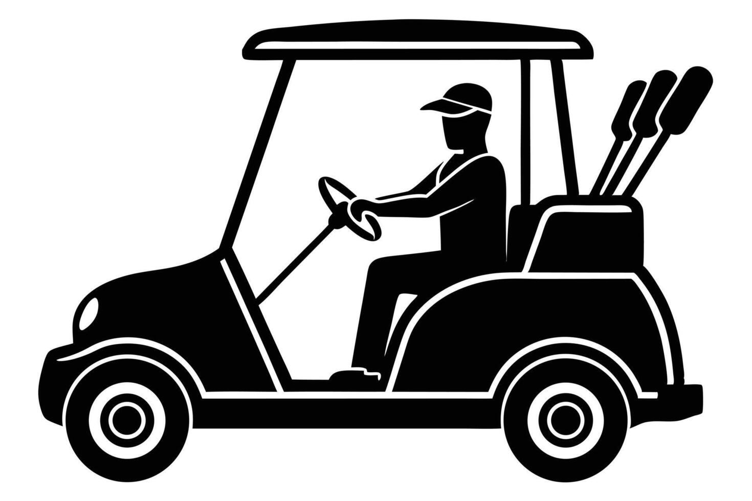 Black and White Golf Cart Silhouette with Driver and Clubs Ready to Play vector