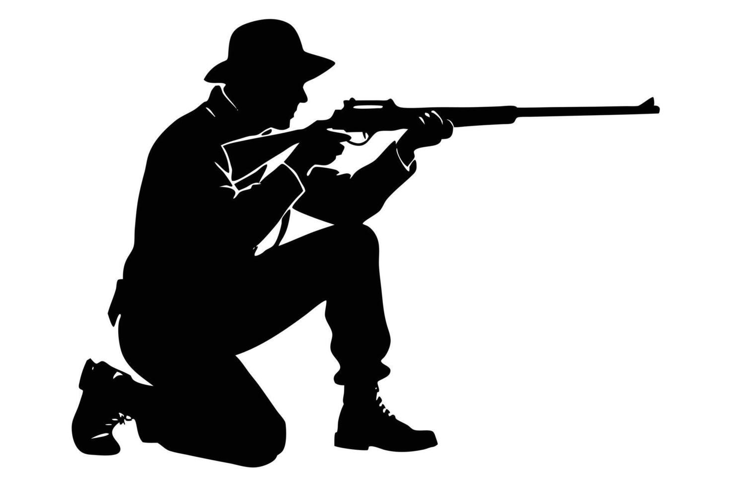 Silhouette of Kneeling Hunter Aiming Rifle, Wearing Hat and Boots, Black and White vector