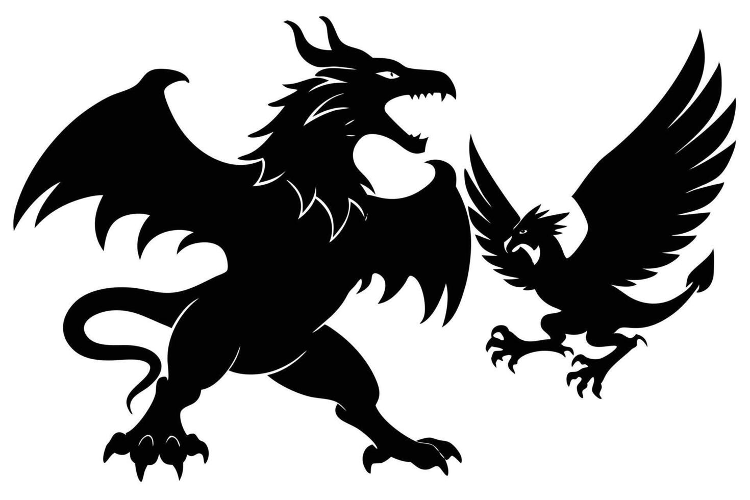 Mythical Creatures Silhouette of a Dragon and Griffin in Black and White vector